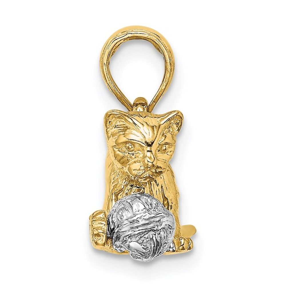 14k Yellow Gold Two-Tone 3-D Cat Playing With Mov… - image 2